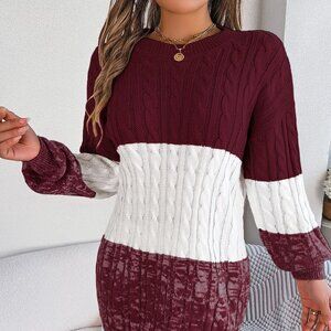 Cable-Knit Round Neck Color Block Sweater Dress